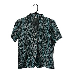 R&D Made in Italy Teal Brown Floral Button Front Shirt Rhinestone Women's Size S